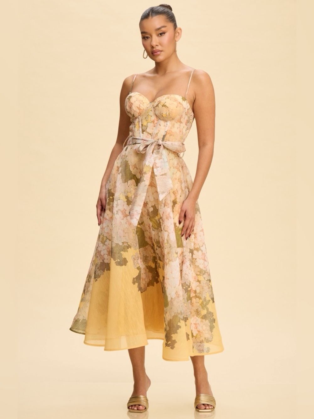 NWT Luxxel Yellow Floral Midi Dress with Tie Waist | Chic Elegant Dress